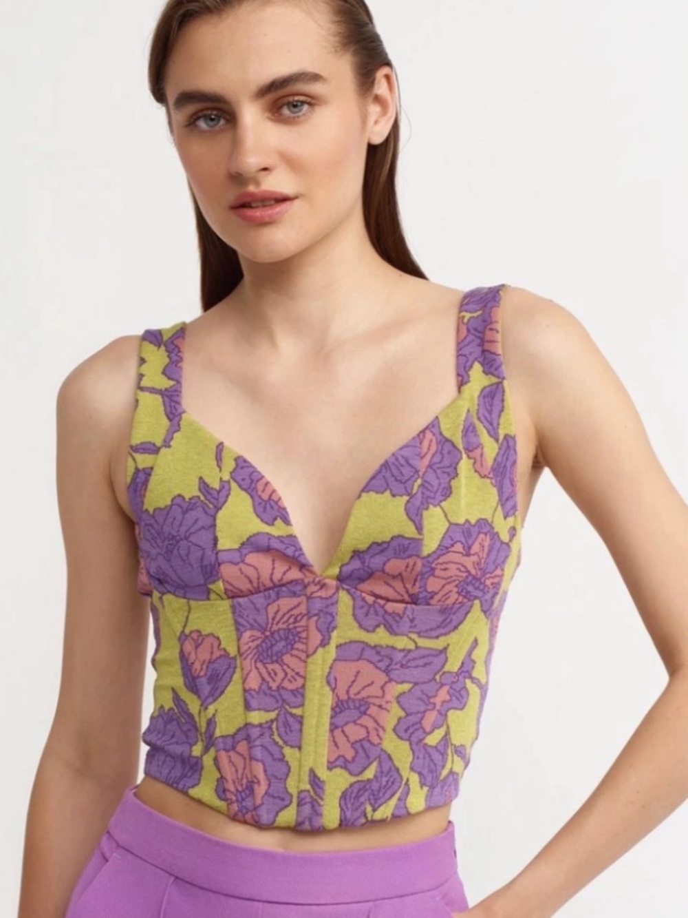 Zara Bustier Crop Top jacquard floral spring summer vacation vibe green purple